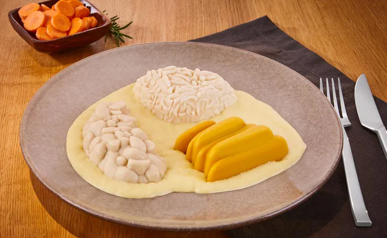 Pürierter Lachs in Buttersoße mit Brokkoli und Kartoffelrosetten