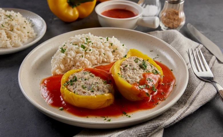 Gefüllte Paprikaschote mit Hackfleisch vom Schwein in pikanter Tomatensoße mit Langkornreis
