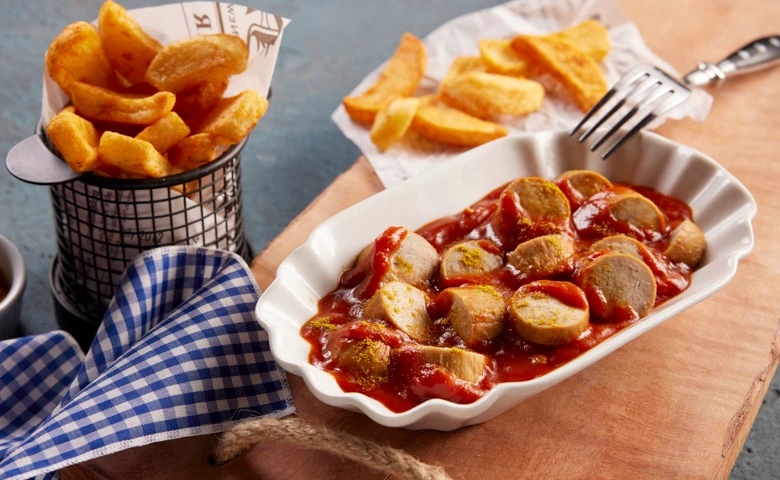 Geschnittene Currywurst vom Schwein mit Steakhouse Frites