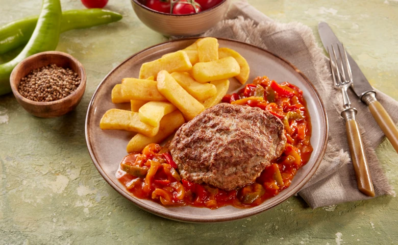 Maxi-Frikadelle "Balkan Art" vom Rind und Schwein, in pikanter Paprikasoße, dazu Cajun Pommes