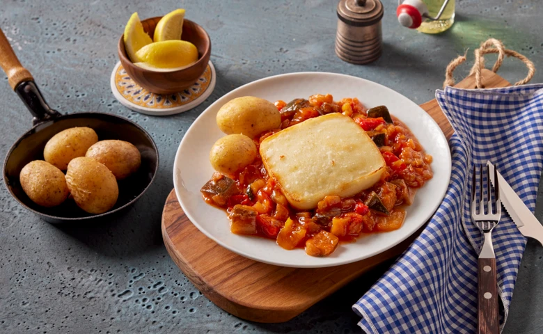 "Greek style" Grillkäse auf Gemüse mediterraner Art, dazu Kartoffeln mit Schale, (Käsezubereitung mit Stärkeüberzug)
