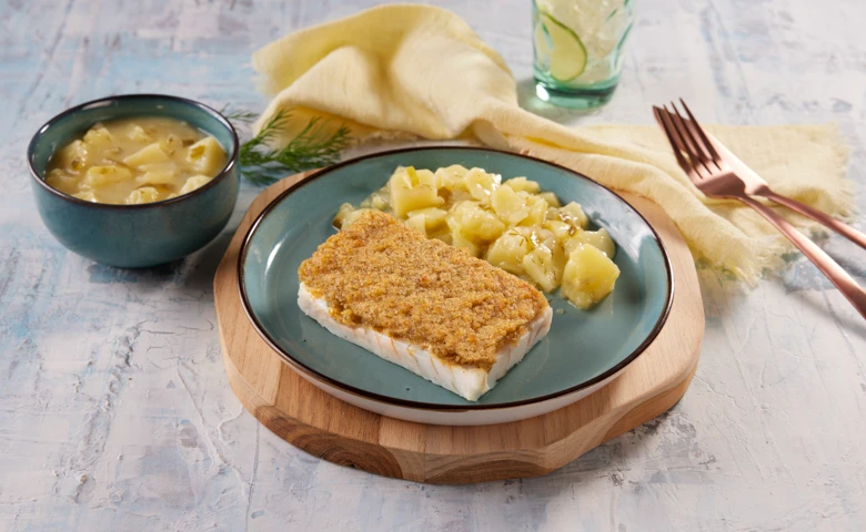 Alaska-Seelachs-Schlemmerschnitte mit einer Kräuterauflage überbacken, dazu Kartoffeln "nach Art Kartoffelsalat" verfeinert mit Gurken und Dill
