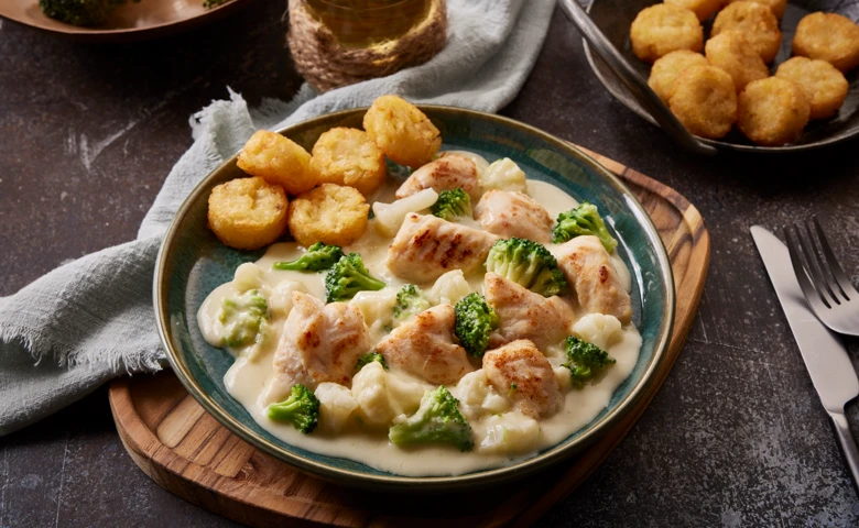 Hähnchen-Schlemmerpfanne in einer Käsesoße mit Brokkoli- und Blumenkohlröschen, dazu Röstinchen