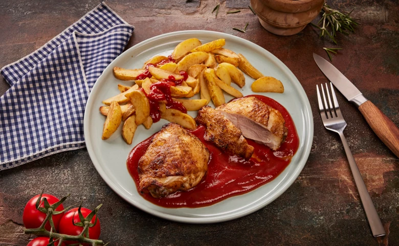 Hähnchen "BBQ" Zwei Hähnchenoberkeulen in einer BBQ-Soße mit Kartoffelspalten