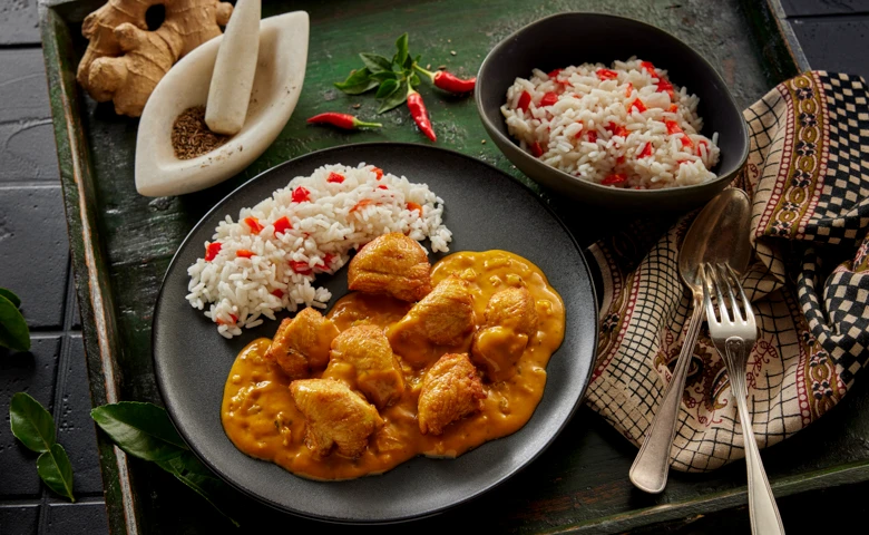 Chicken "Korma" Saftige Hähncheninnenfilets in einer scharfen Curry-Soße mit Kokosmilch abgeschmeckt dazu Thai-Reis mit Paprika