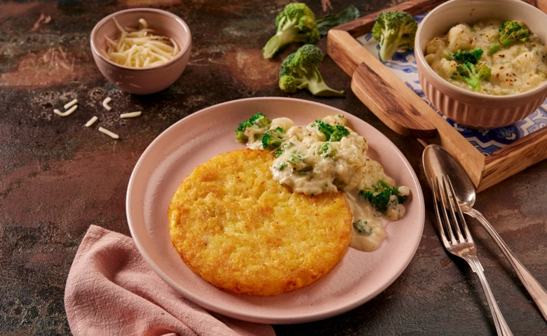 Kartoffelrösti "Gratin Fromage" mit Brokkoli und Blumenkohl in cremiger Käsesoße goldgelb überbacken
